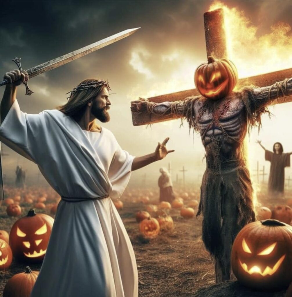 Jesus Attacking a Pumpkin Head on a Cross